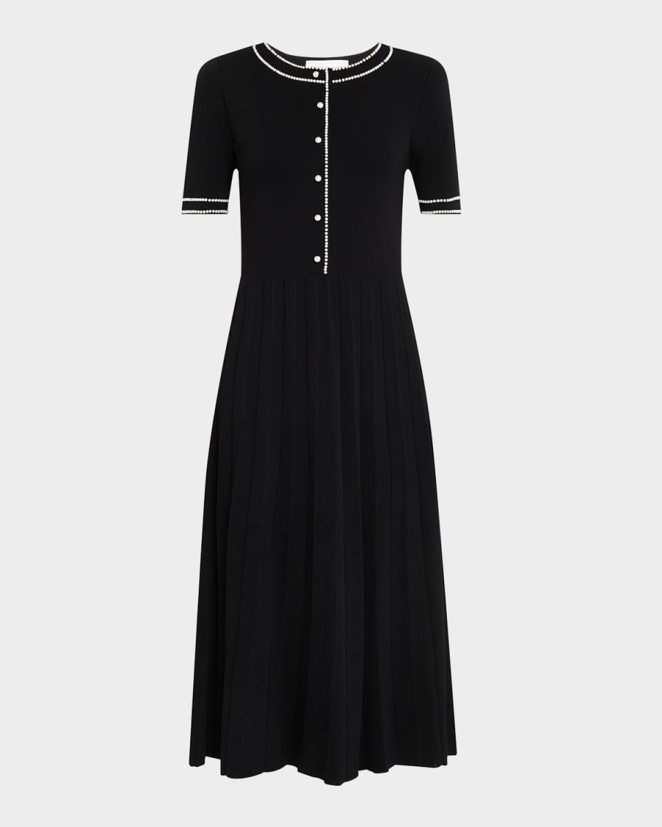 The Leona Pleated Bead-Trim Midi Sweater Dress